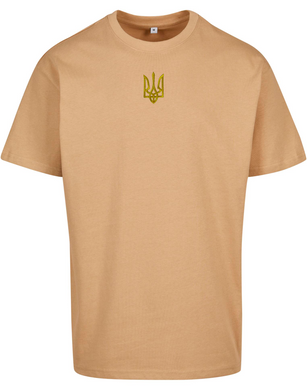 Beige Oversized T-shirt With Embroidery Gold Coat Of Arms Of Ukraine UBE102 photo