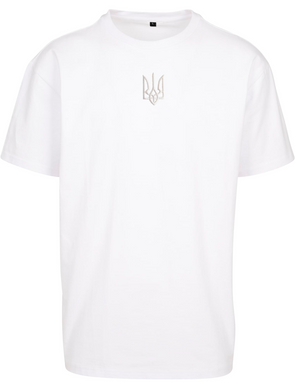 White Oversized T-shirt with Embroidered White Coat of Arms of Ukraine - Trident 10228W photo