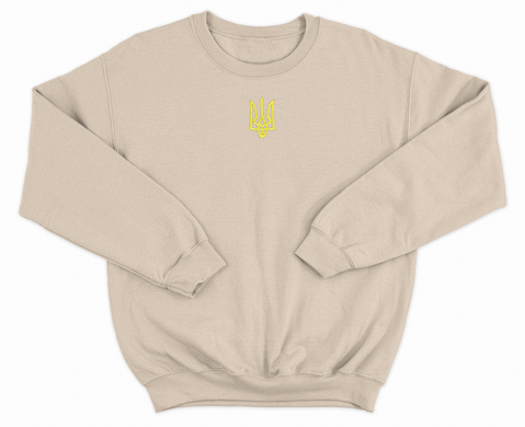 Midweight Fleece Adult Crewneck Sweatshirt Sand with Embroidered Gold Coat of Arms of Ukraine SAN502-S photo